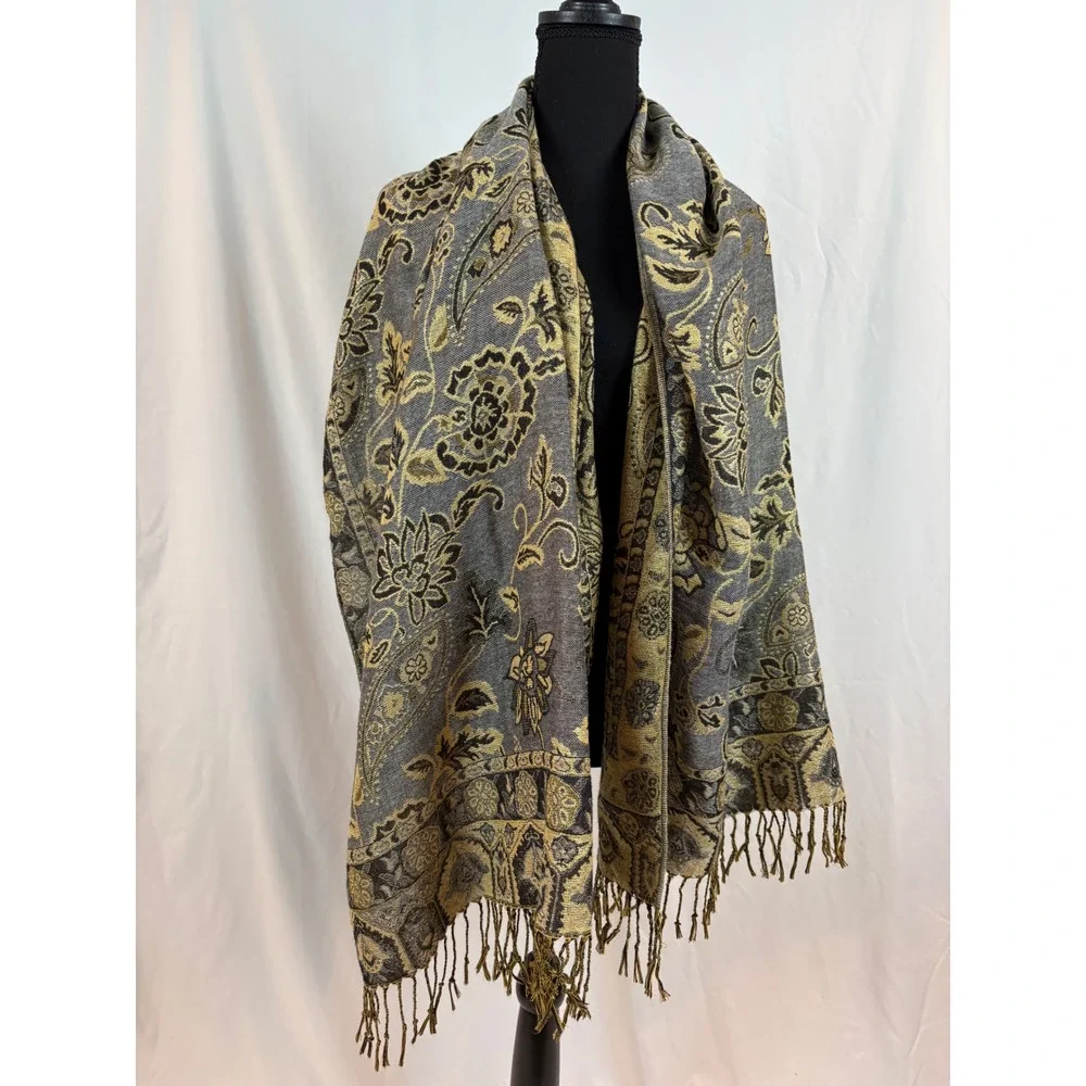 Grey Gold Paisley Floral Metallic Woven Fringe Wrap Scarf Shawl UB153101 OS